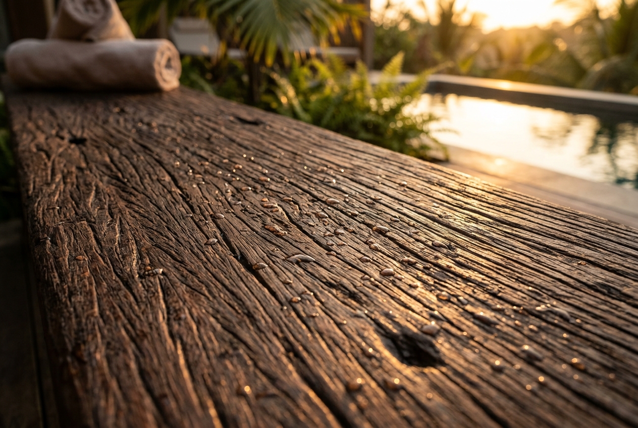 Close-up of wood grain on the banya interior walls