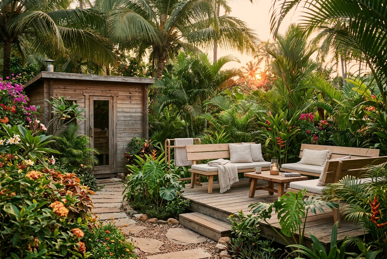 Garden greenery surrounding the banya